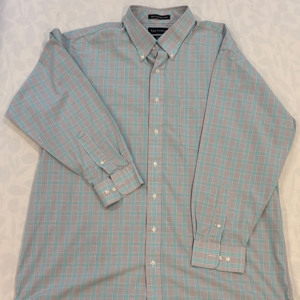 Paul Fredrick Teal and Gray Plaid Shirt